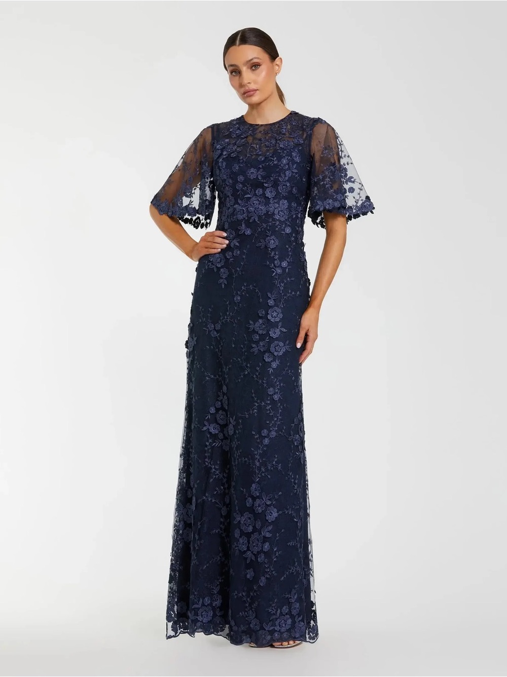 Mac Duggal 68810 Navy Flutter Sleeve Floral Embroidered Net Gown sz 12